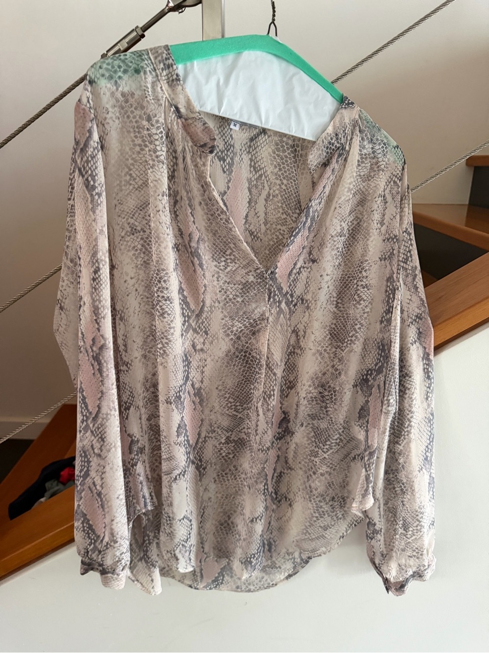 Olivaceous Women's Snake-Print V-Neck Blouse in Taupe and Blush